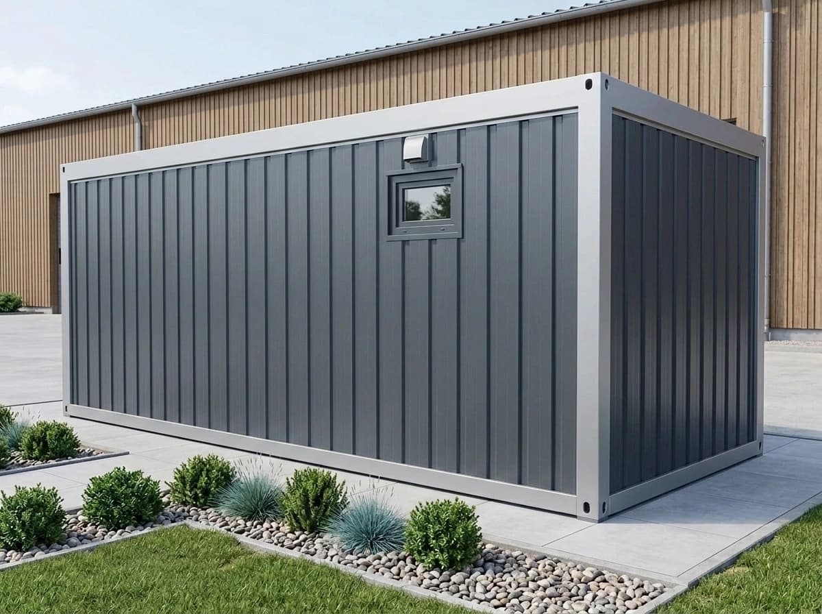 Design visualisation of the back and end walls of the dark grey porta cabin in vertical ribbed steel sheeting, with one small high window and a light above it