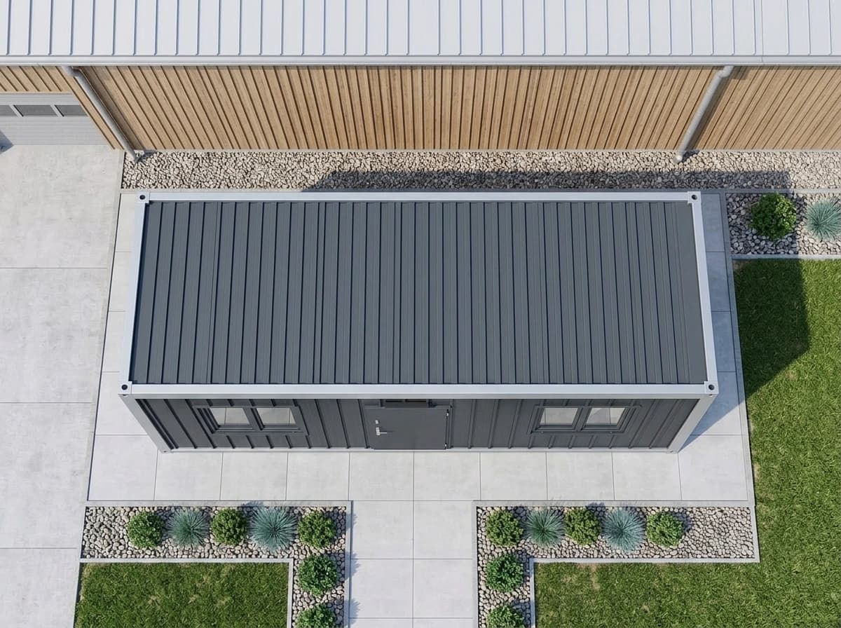 Design visualisation of the porta cabin seen from above, showing its flat ribbed roof panel inside a light grey frame, the door and two windows on its long side, with paving, gravel and planting around it