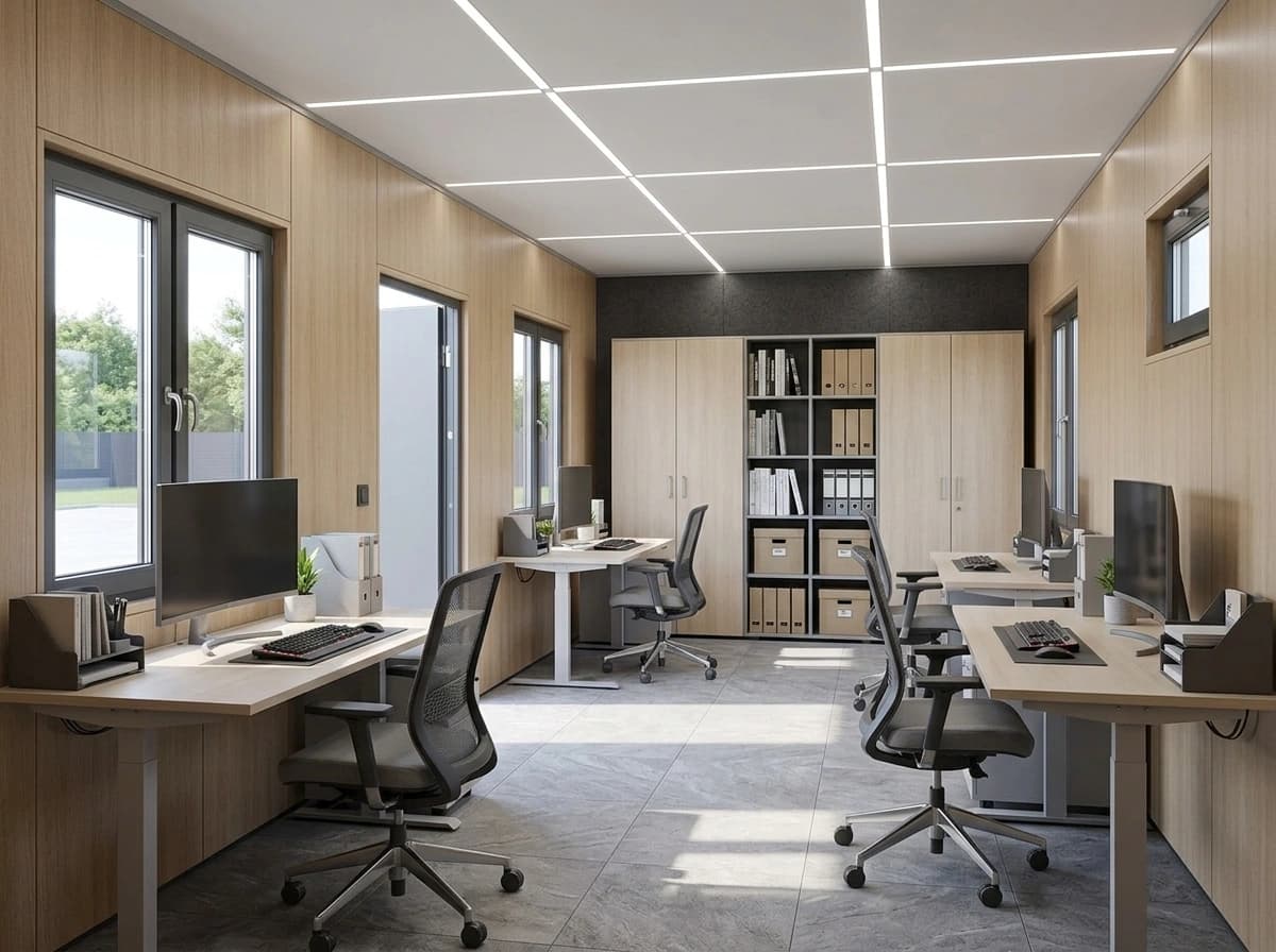 Design visualisation of a porta cabin interior set up as an office, with wood-panelled walls, linear ceiling lights, desks with monitors and chairs, shelves of files, cabinets and several windows