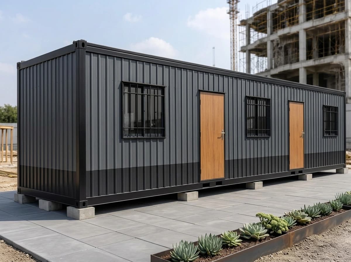 Design visualisation of a long dark grey porta cabin seen from a front corner, clad in vertical corrugated sheeting with two wood-finish doors and three barred windows, raised on low supports over a paved pad with a planter of succulents
