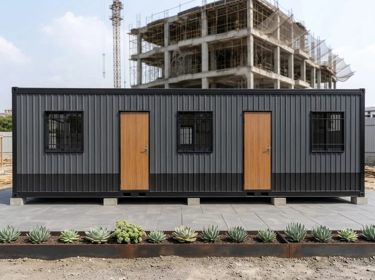 Design visualisation of the same porta cabin's long side, head-on: two wood-finish doors between three barred windows in dark grey corrugated sheeting, on low supports over a paved pad, with a planter of succulents in front