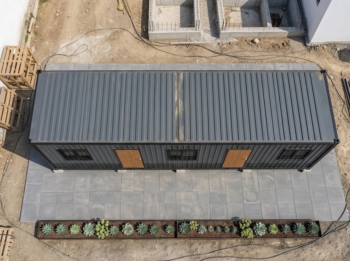 Design visualisation of the porta cabin from directly above, showing its dark grey ribbed roof and the long side's two doors and three windows, on a paved pad bordered by a planter, with bare ground around it