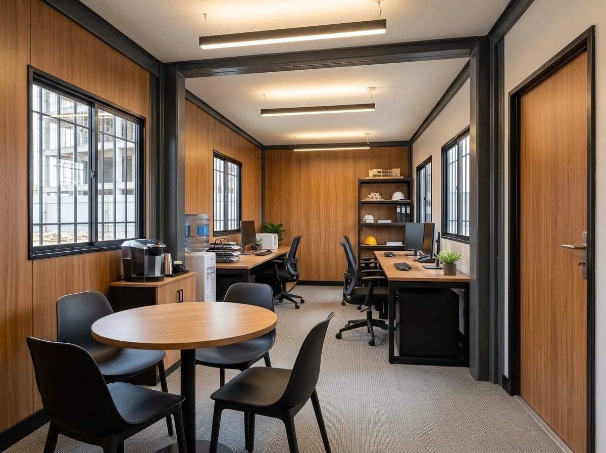 Design visualisation of a porta cabin interior set up as an office, with wood-panelled walls, linear ceiling lights, two desks with computers and office chairs, a round table with four chairs, a shelf and barred windows