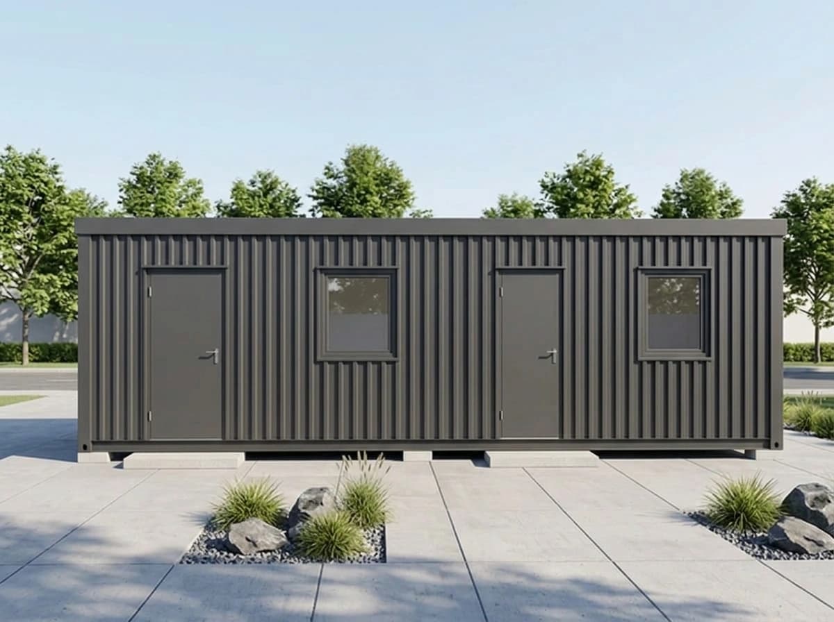 Design visualisation of a dark grey porta cabin's long side, head-on, clad in vertical corrugated sheeting with two plain doors and two windows, raised on low supports over a paved yard with small planted gravel beds