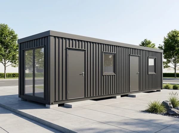 Design visualisation of the same porta cabin from a front corner, with a full-height glazed end and glass door, and two plain doors and two windows along its dark grey corrugated side, on low supports over a paved yard