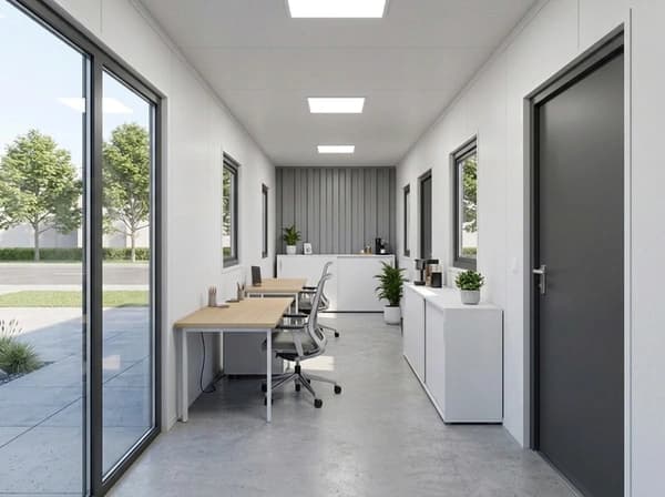 Design visualisation of a long, narrow porta cabin interior set up as an office, with white walls and panel ceiling lights, a desk and office chair, low white cupboards, a grey corrugated end wall, side windows and a glazed door