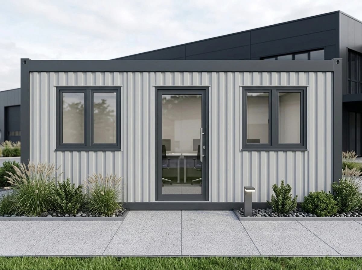 Design visualisation of a light grey porta cabin clad in vertical corrugated sheeting inside a dark grey frame, seen head-on, with a full-height glazed door between two double windows, behind a paved path and planted gravel beds