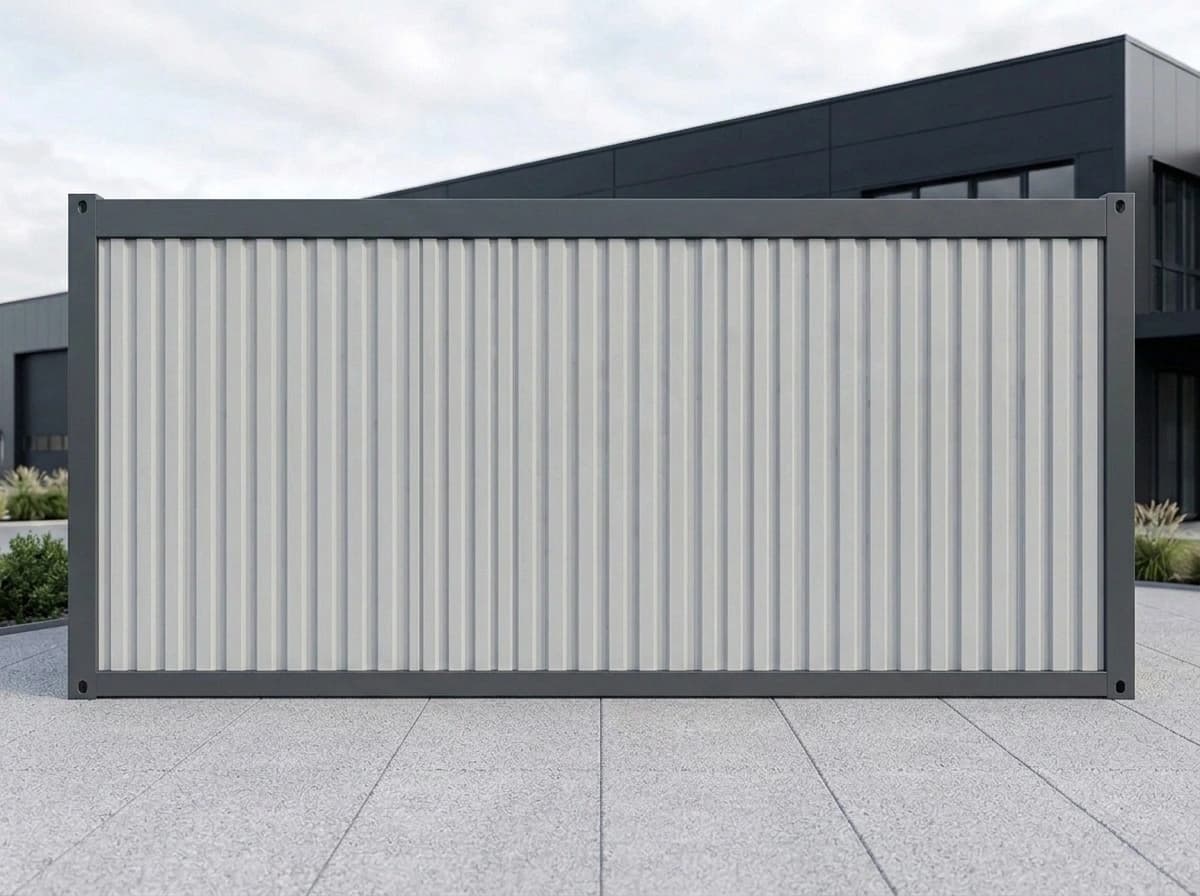 Design visualisation of the same porta cabin's plain long wall, with no door or window, showing light grey vertical corrugated sheeting inside the dark grey frame on a paved forecourt