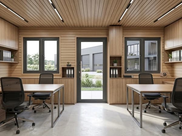 Design visualisation of a porta cabin interior set up as an office, with wood-panelled walls and ceiling, linear ceiling lights, two desks with office chairs, shelves of files and a glazed door between two windows