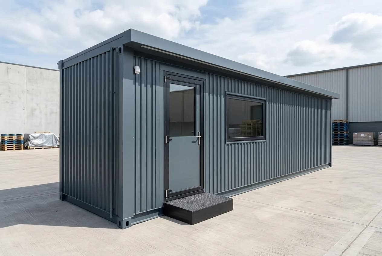 Grey corrugated steel porta cabin at a three-quarter angle with a flat roof, a half-glazed door with a step and a wide window, on a concrete yard