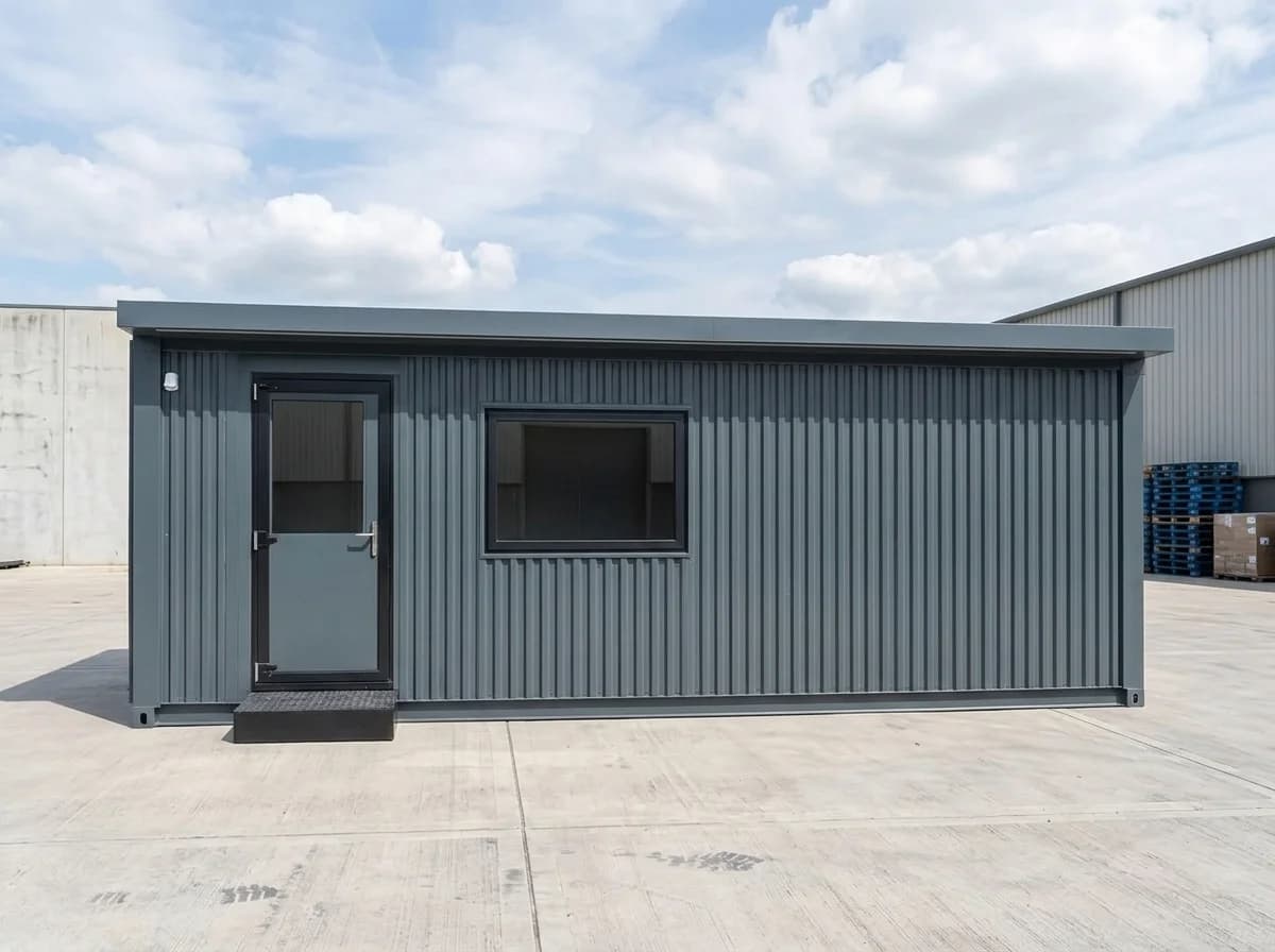 Long side of a grey corrugated steel porta cabin seen head-on, with a half-glazed door and step at one end and a wide window
