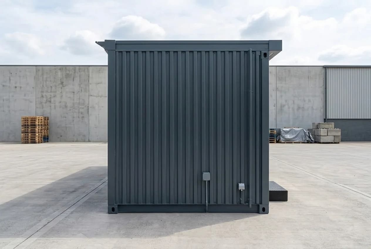 Corrugated end wall of a grey steel porta cabin with two small external electrical boxes and a conduit under the flat roof