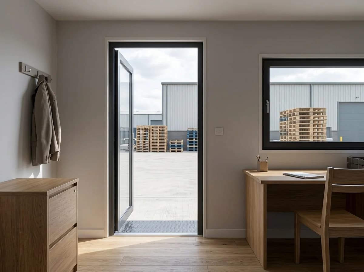 Inside a porta cabin with light walls and wooden flooring: an open glazed door, a wide window, a switch plate, a desk and chair, a drawer unit and a coat hook
