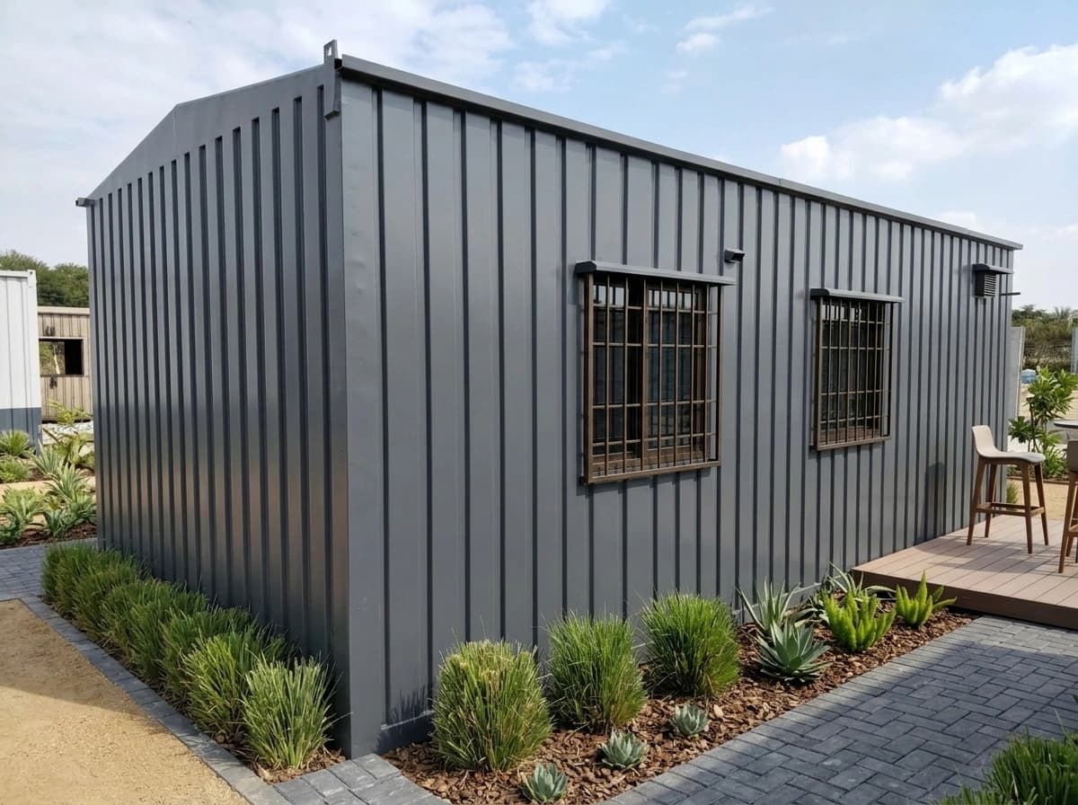 Design visualisation of a dark grey sheet-clad cabin at a three-quarter angle, showing a plain end wall and two barred windows along its long side