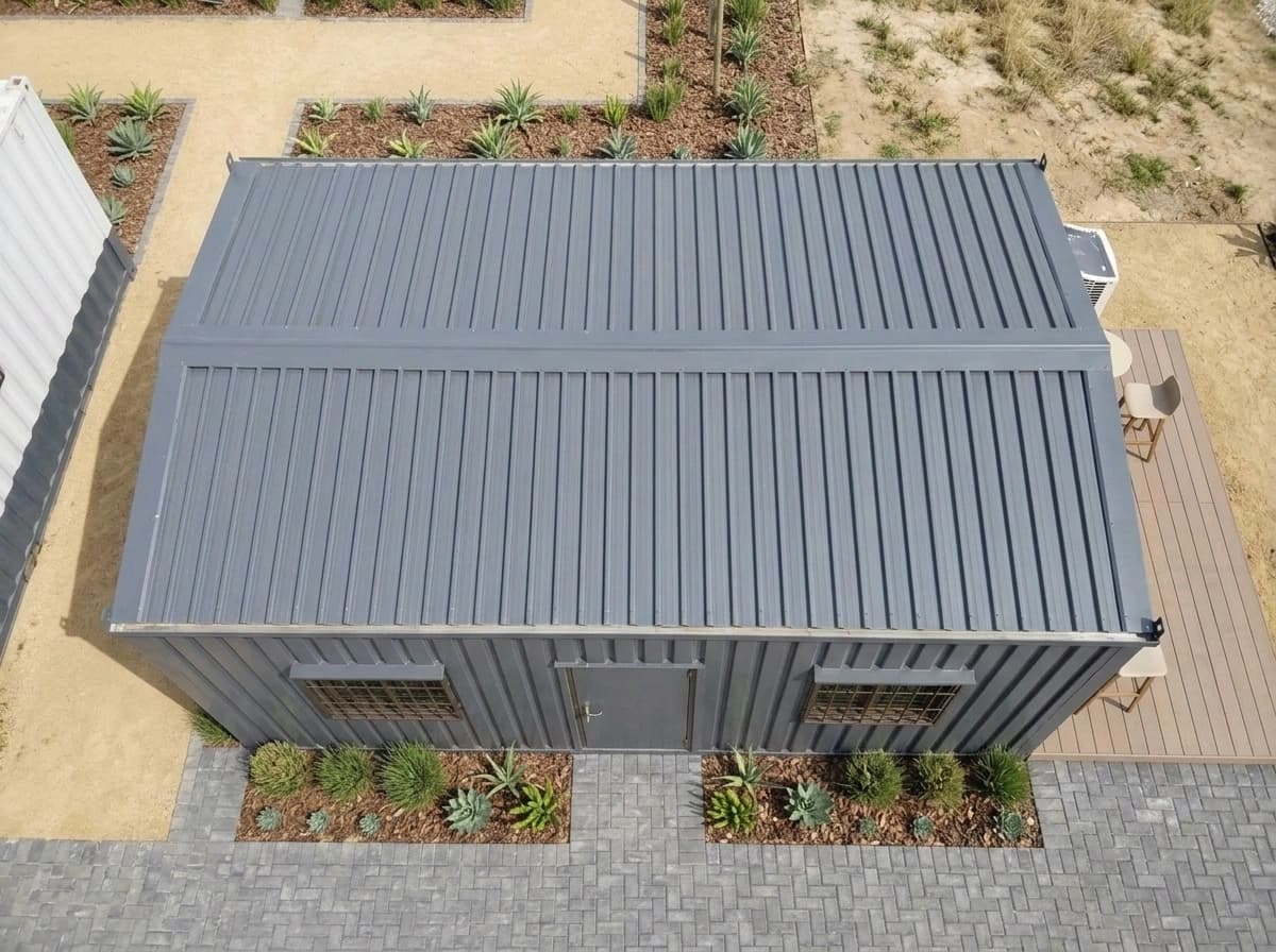 Design visualisation of a dark grey cabin seen from above, showing its ribbed pitched roof, the door and two windows on the front, on a paved pad among planted beds