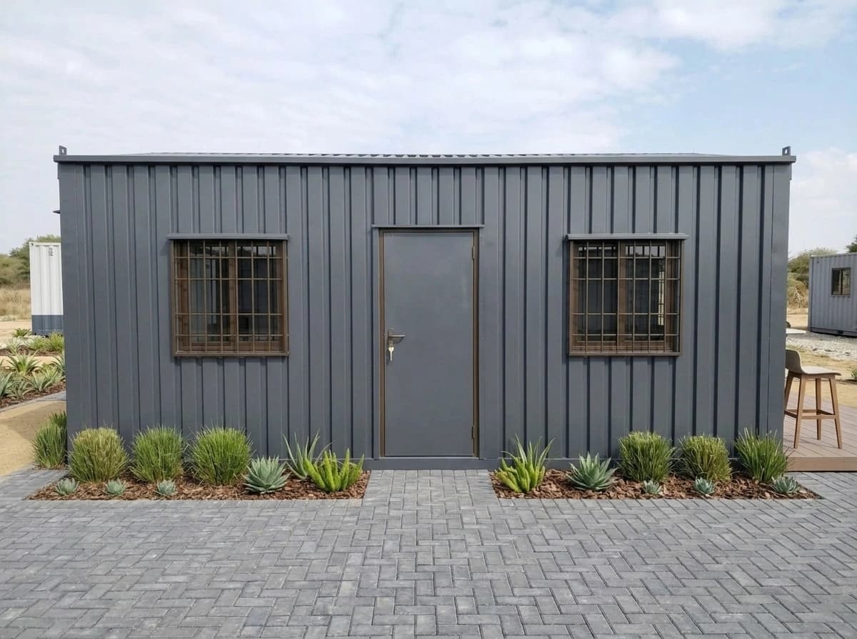 Design visualisation of a dark grey sheet-clad cabin seen from the front, with a central door between two barred windows, on herringbone paving between planted beds