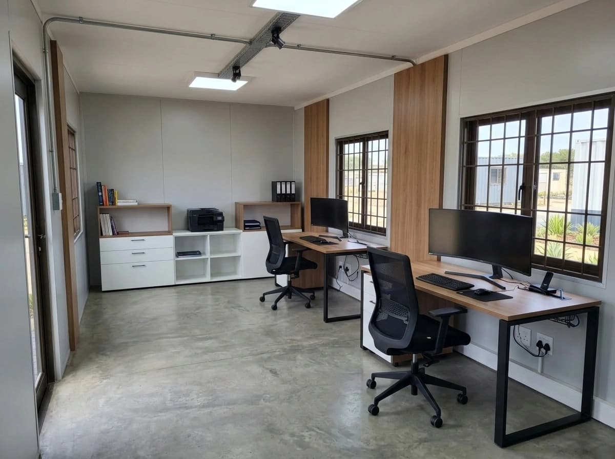 Design visualisation of a cabin interior set up as an office, with two desks, monitors and office chairs, white storage units, ceiling light panels and barred windows