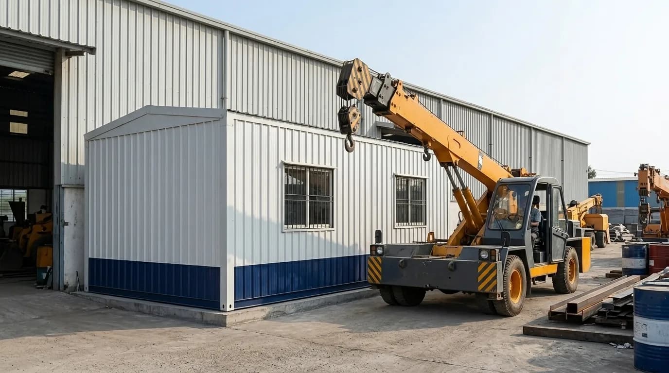 A white and blue portable cabin standing against the side of a large industrial shed, with a yellow pick-and-carry crane parked beside it, steel sections and drums stacked in the yard