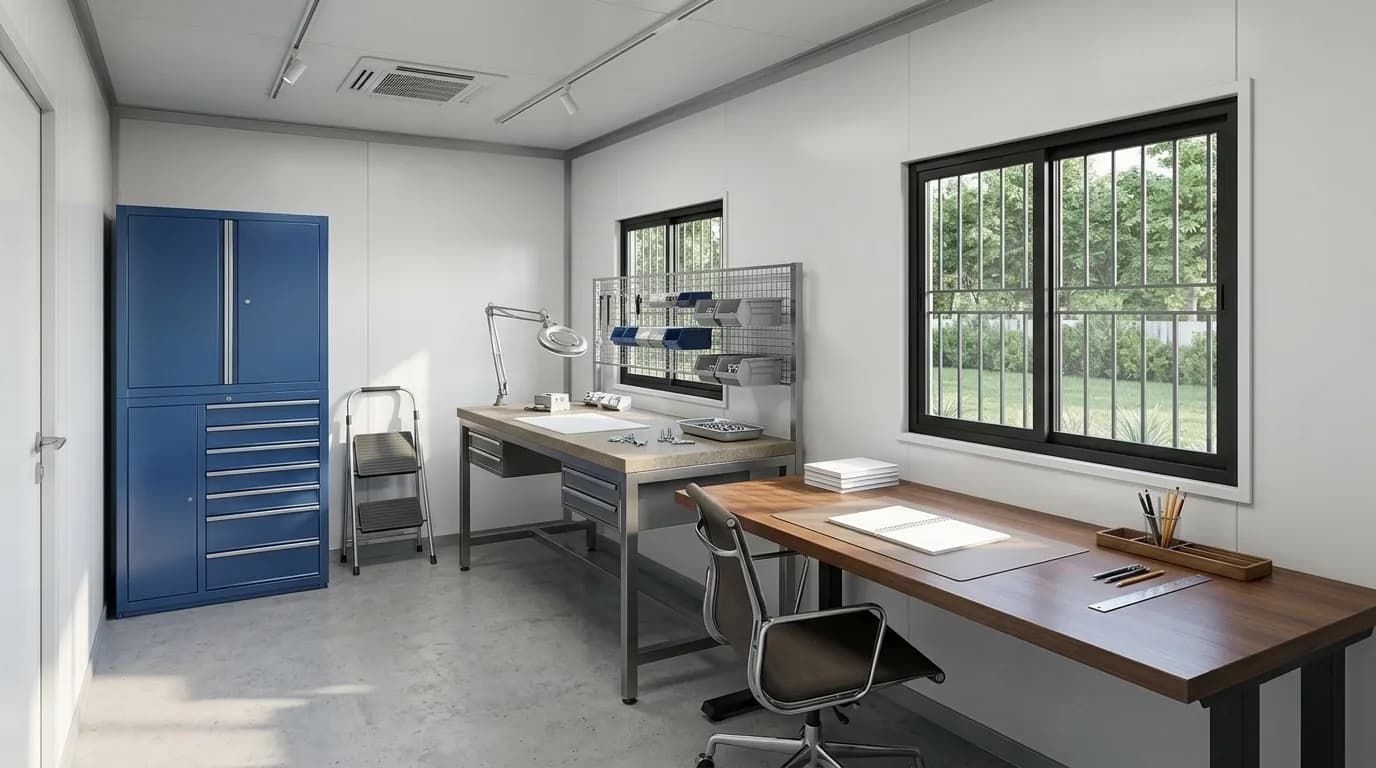 Interior of a portable cabin fitted as an inspection room, with a bench carrying a magnifier lamp and small parts trays, a wall rack of storage bins, a tool cabinet and a desk under a barred window
