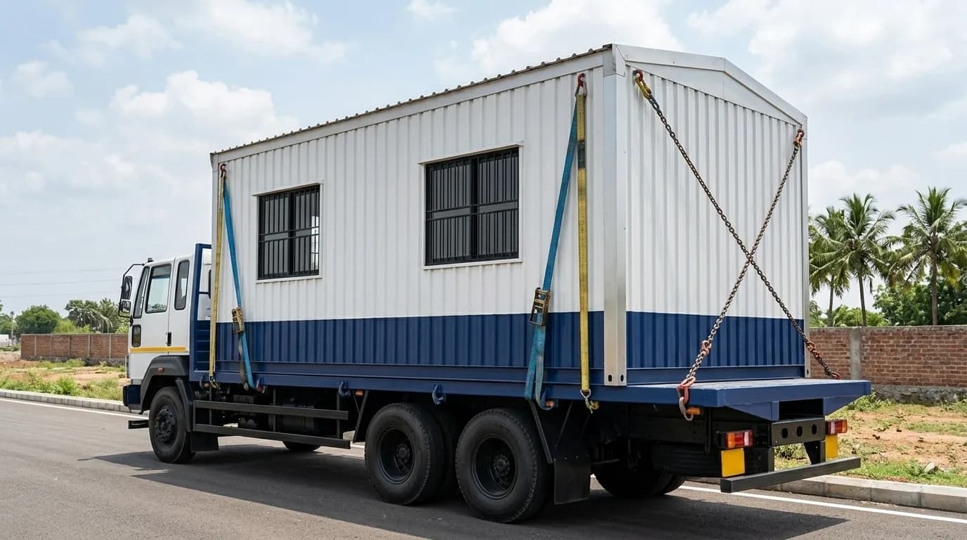 A white and blue portable cabin strapped and chained onto the bed of a flatbed truck on a road, with barred windows along its side