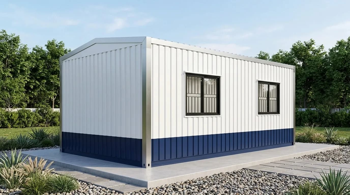 A white and blue portable cabin with two barred sliding windows, standing on a paved plinth