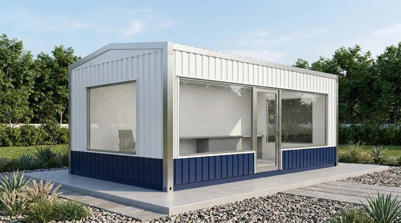 A white and blue portable cabin with full-height glazing across the front and a glass door, showing a desk and chair inside, standing on a paved plinth