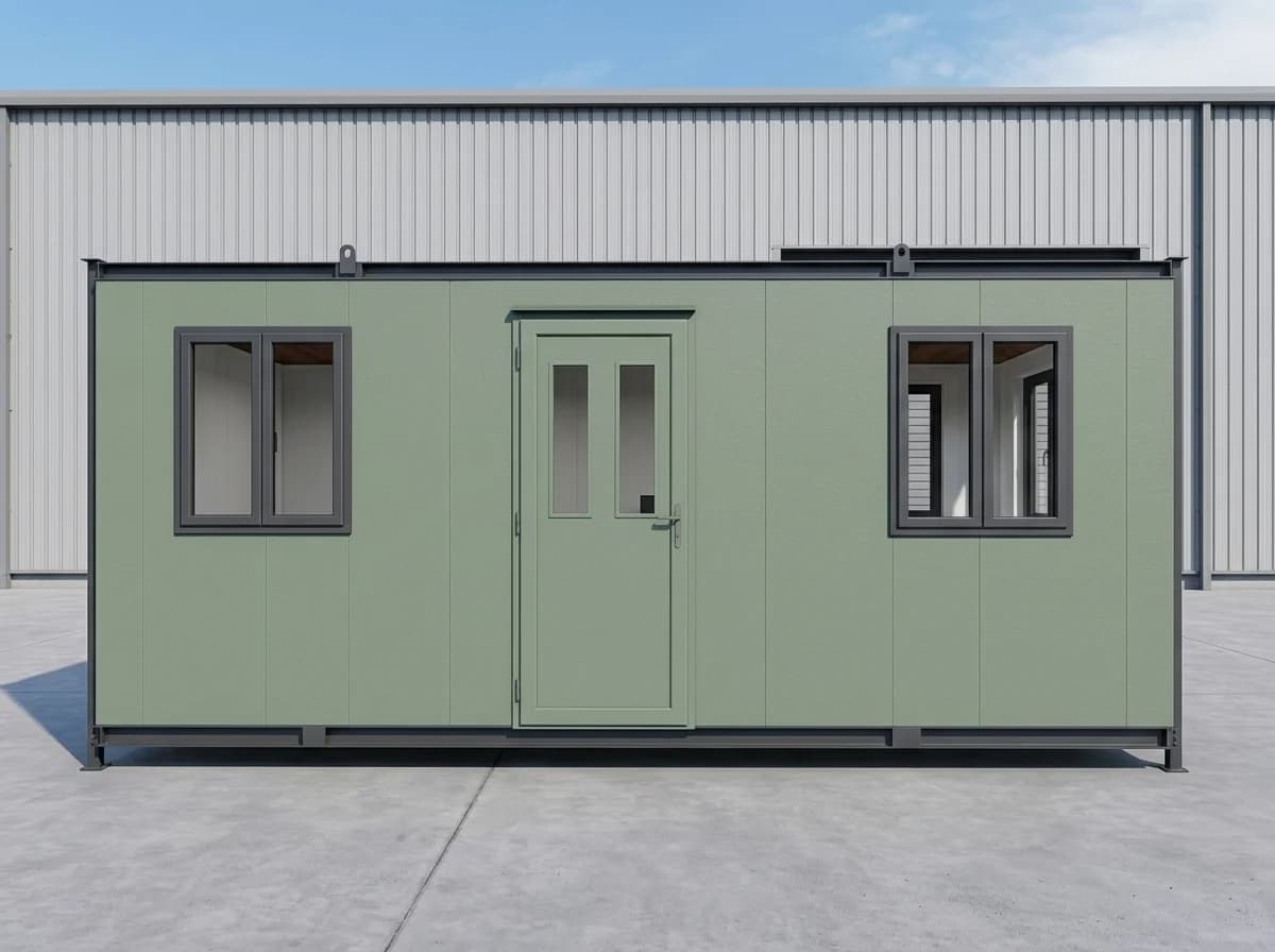 Front of a sage-green panelled office cabin, with a central half-glazed door between two dark-framed casement windows and lugs along the roof edge