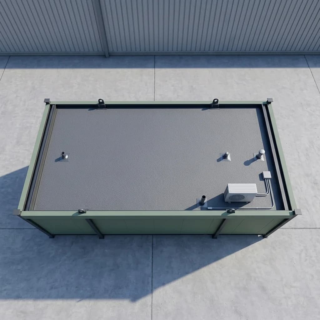 Top view of a sage-green office cabin's flat grey roof inside a green frame, with corner lugs, four vent pipes and an outdoor air-conditioning unit