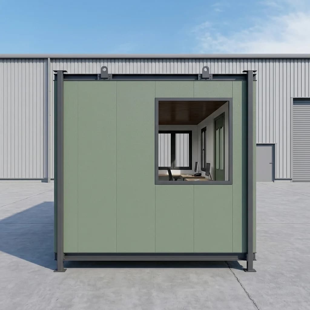 End wall of a sage-green office cabin with one large window looking into an office with a desk, a chair and two monitors