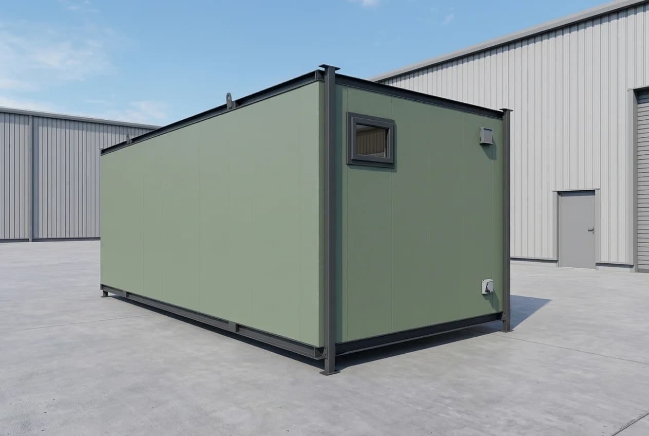 Plain rear and end walls of a sage-green office cabin at a three-quarter angle, with a small high window, a wall vent and an external socket box