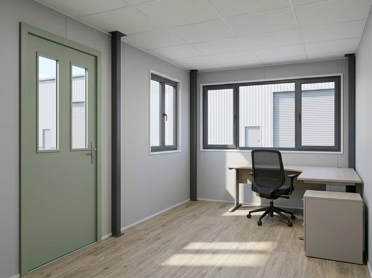 Inside an office cabin: a green half-glazed door, grey wall panels with dark steel posts, two windows, a tiled ceiling, wood-effect flooring, an L-shaped desk and an office chair