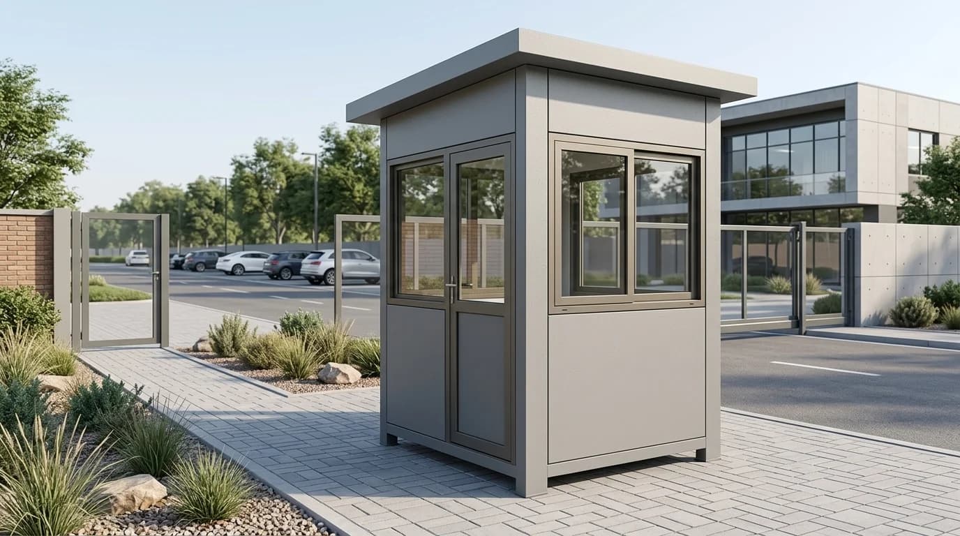 Grey steel security cabin at a three-quarter angle with a flat overhanging roof, a half-glazed double door and a wide sliding window