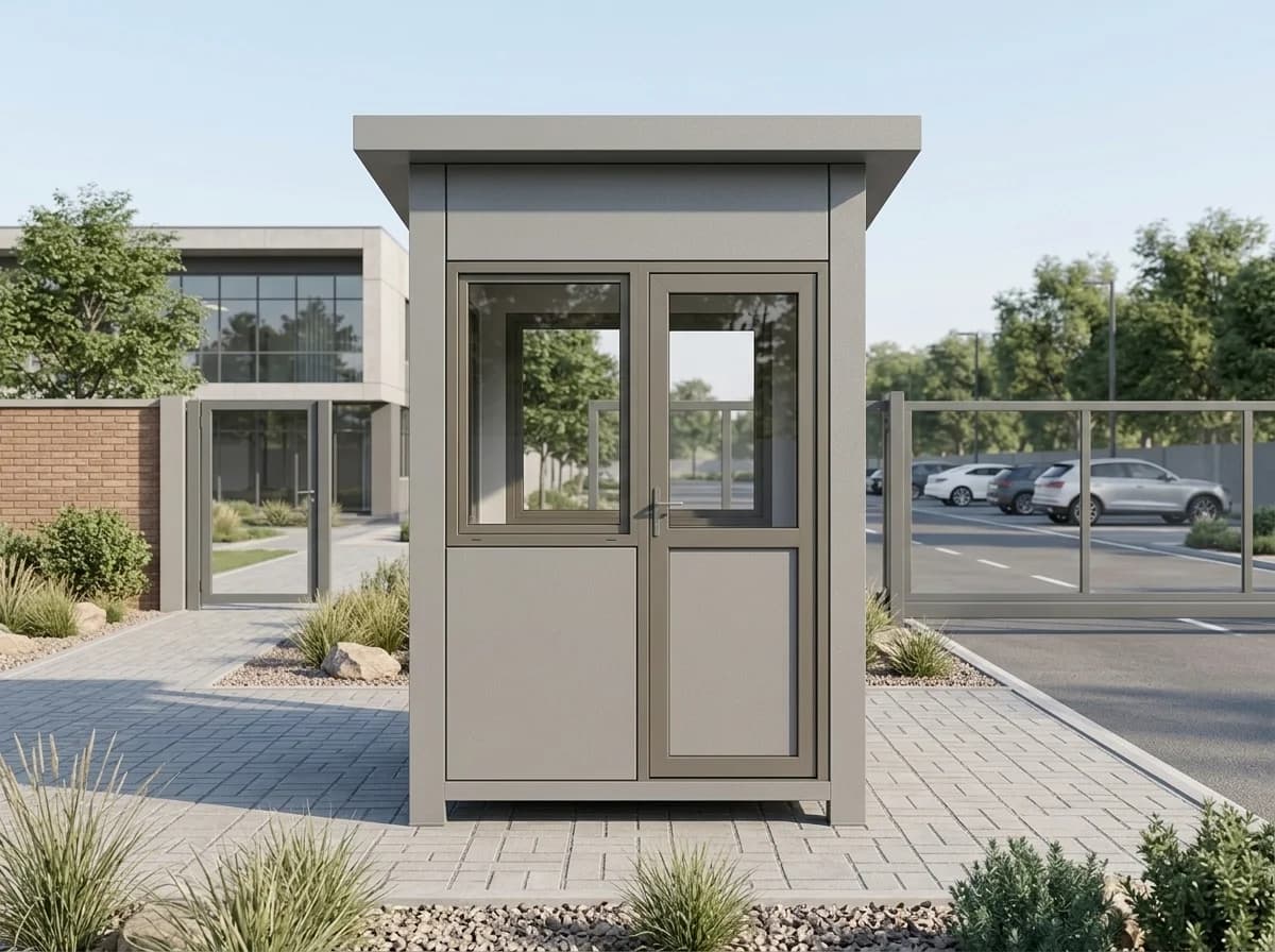 Front of a grey steel security cabin with a half-glazed double door, a lever handle and a flat roof with an overhang