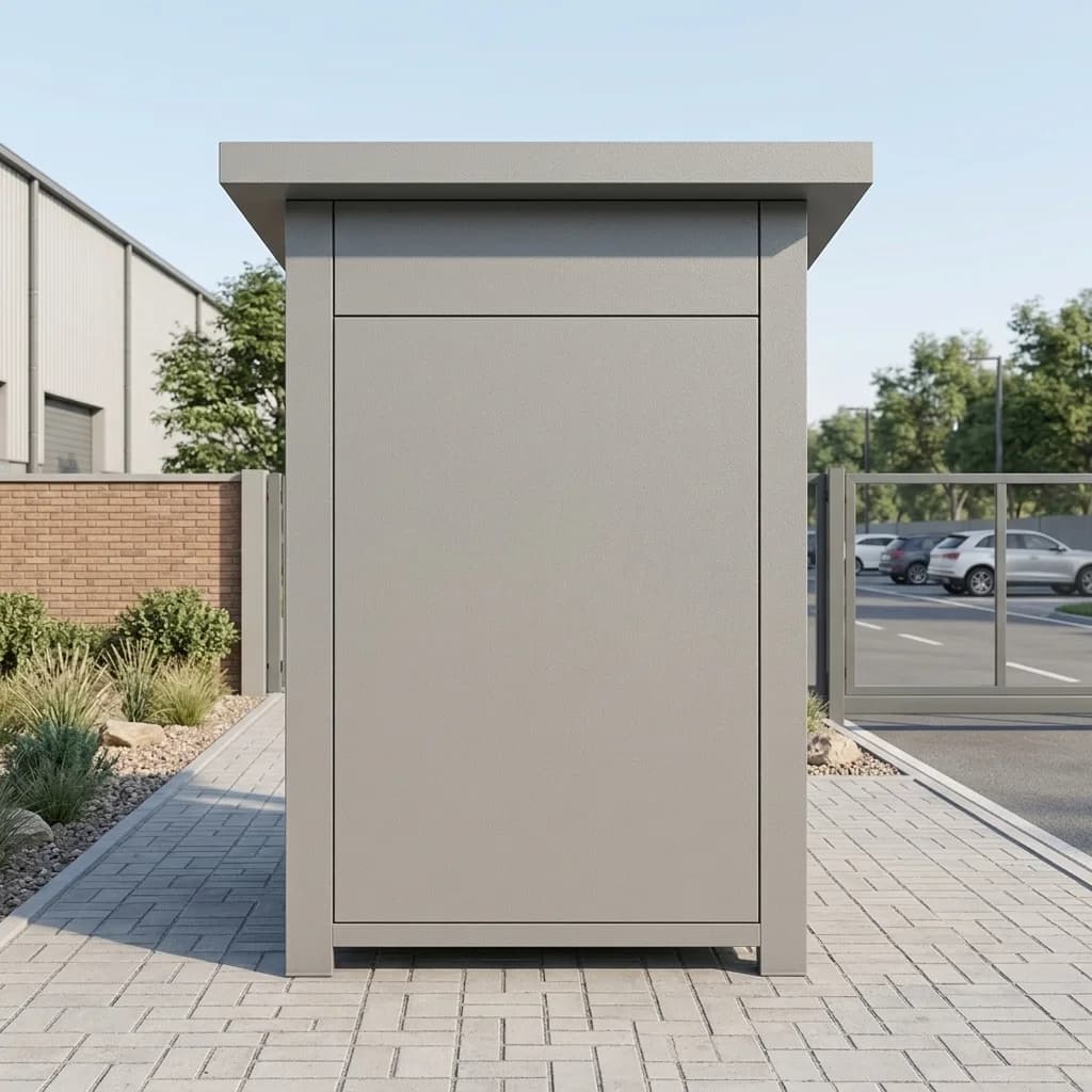 Plain panelled side wall of a grey steel security cabin under its flat overhanging roof, standing on a paved path