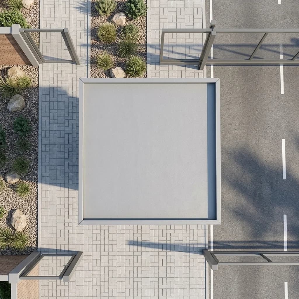 Top view of a grey steel security cabin's flat square roof, placed on a paved path between two gate posts beside a road