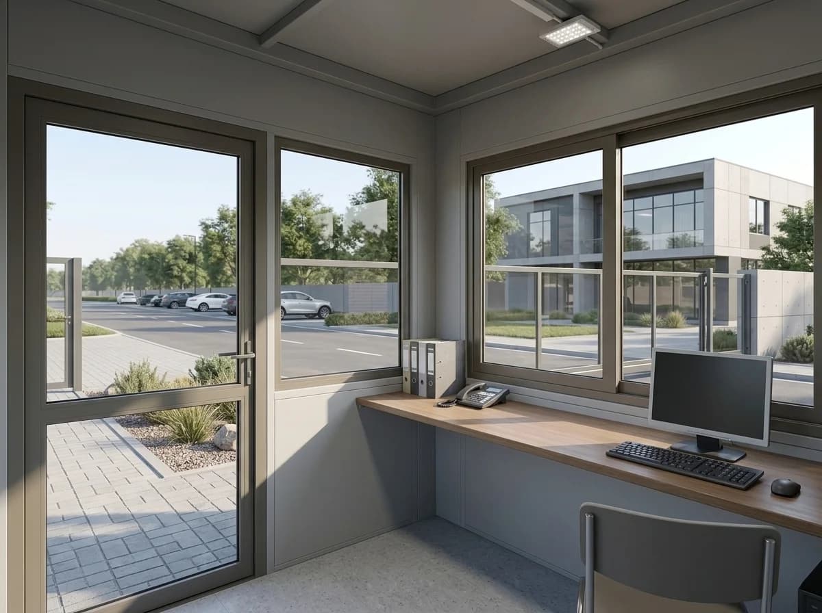 Inside a grey steel security cabin with a glazed door, windows on two sides, a wooden counter, a monitor, a telephone and a ceiling light