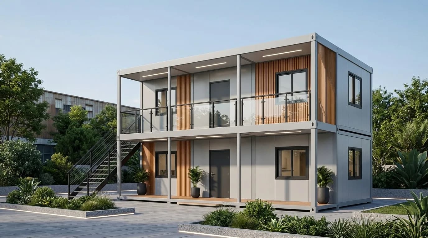 Two-storey prefabricated building with grey wall panels and vertical timber-slat accents, a glass-balustraded upper walkway and an external steel staircase, standing on paved ground with planted beds