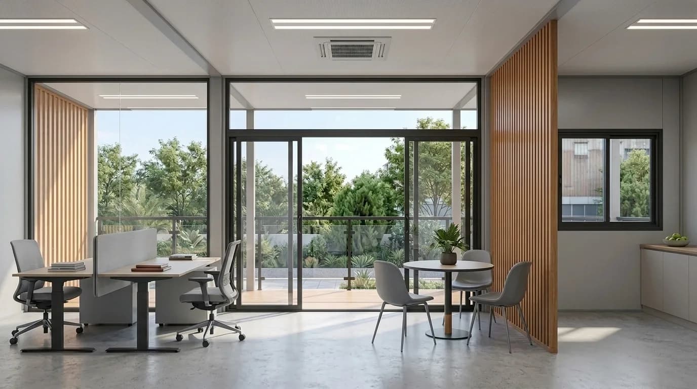 Interior of a prefabricated office building with open-plan desks and task chairs, a round meeting table, timber slat screens, glazed sliding doors onto a planted deck and a ceiling-mounted air-conditioning unit