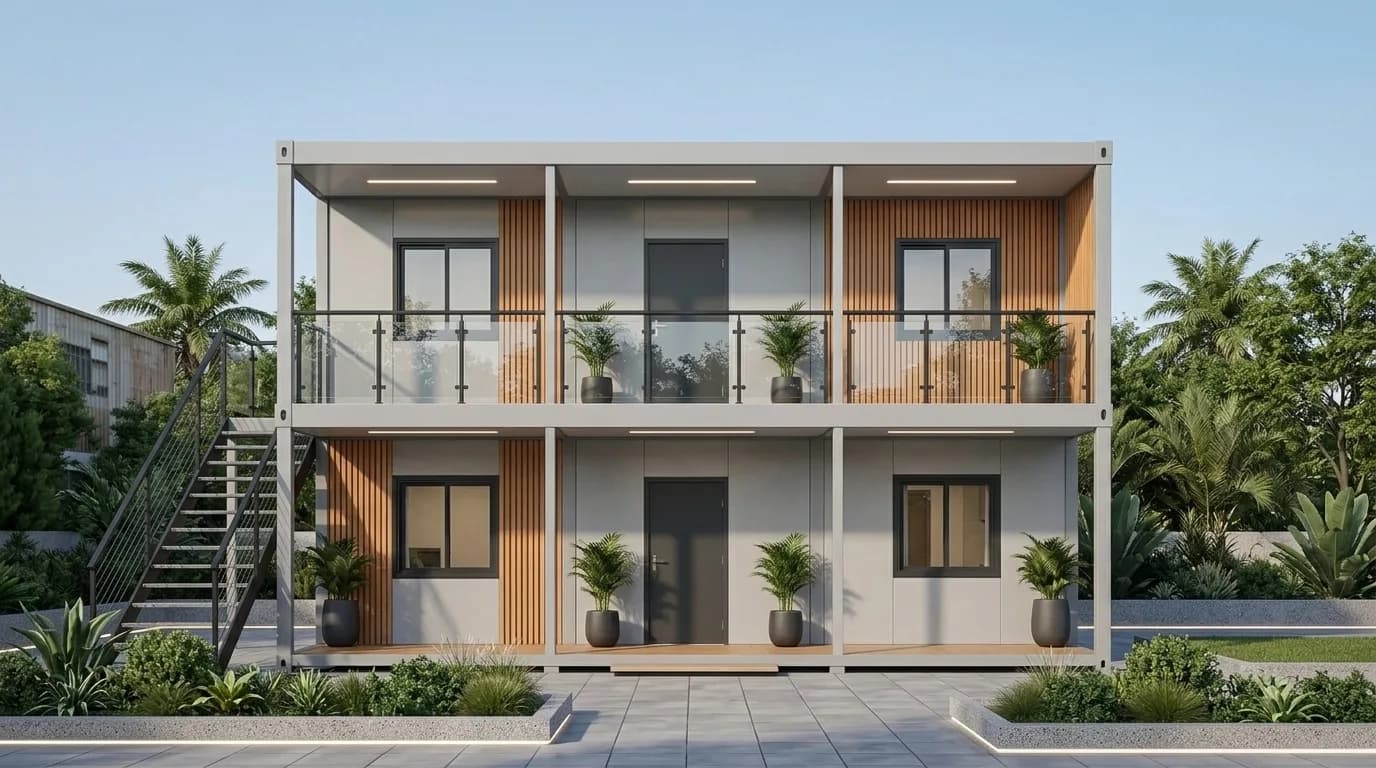 Front elevation of a two-storey prefabricated building showing both floors, the glass-balustraded upper walkway, an external steel staircase and a paved forecourt