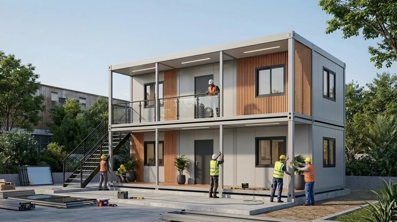 Workers in hard hats and high-visibility vests assembling a two-storey prefabricated building, with components and hand tools laid out on the paved area in front of it