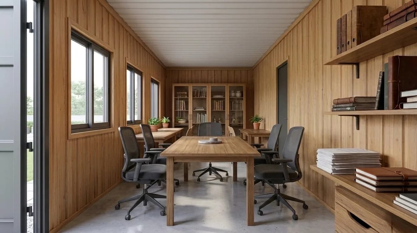 Interior of a timber-lined office cabin arranged for meetings, with a large table and six chairs in the centre, storage cabinets at the far end and box files shelved along one wall