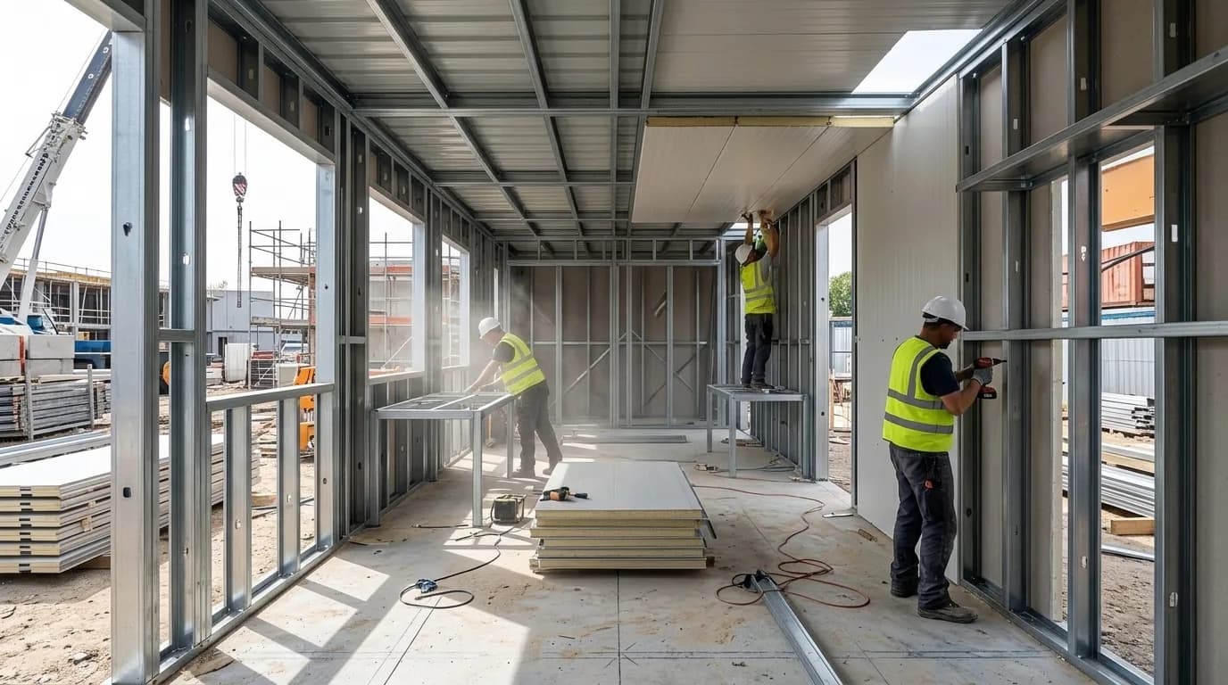 Workers in high-visibility vests and helmets fitting insulated wall panels into the steel frame of a cabin under assembly, with stacked panels on the floor and a crane beyond the opening