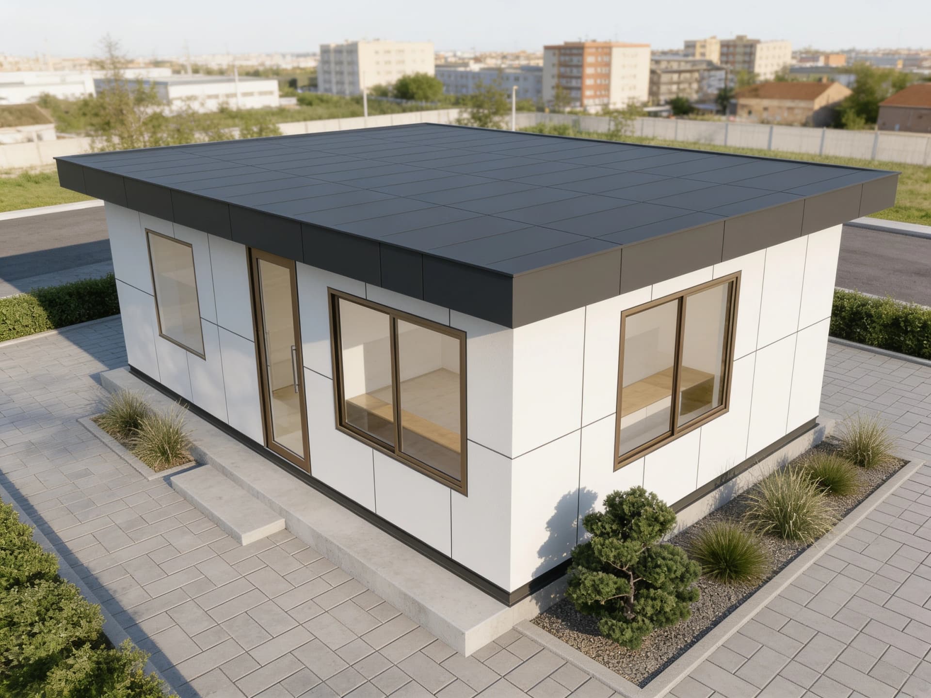 Design visualisation of a single-room panel cabin seen from above at an angle, with white flat wall panels, a dark flat roof with a deep fascia, a glazed door and three bronze-framed windows, on a raised concrete plinth in a paved yard with shrubs