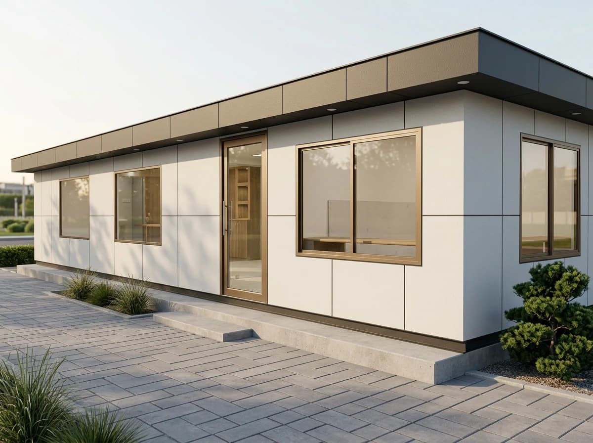 Design visualisation of a long panel office cabin's front, with white flat wall panels, a glazed door between bronze-framed windows and a deep dark fascia with downlights, on a concrete plinth with a step beside a paved path