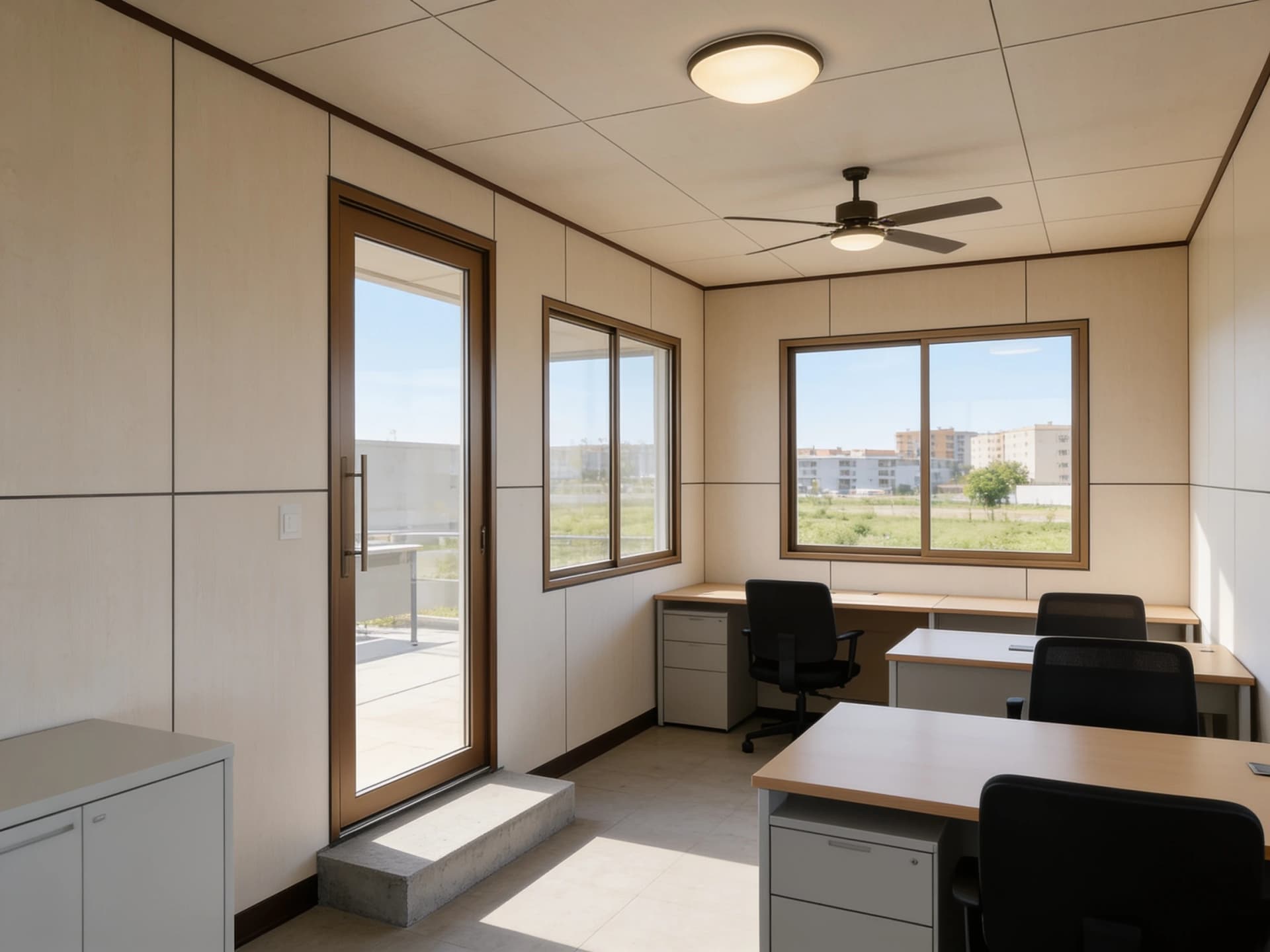 Design visualisation of a panel cabin interior set up as an office, with cream wall and ceiling panels, a ceiling light and fan, a glazed door, two sliding windows and three desks with office chairs
