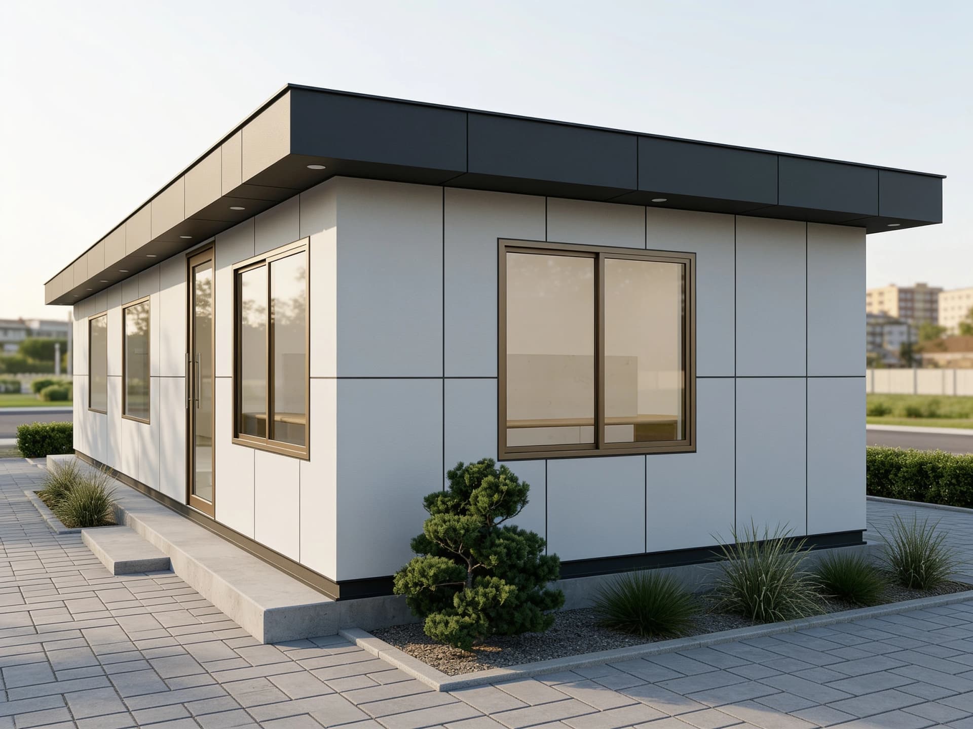 Design visualisation of the long panel office cabin from a front corner, with white flat wall panels, a glazed door, bronze-framed sliding windows and a deep dark fascia, on a concrete plinth with a clipped shrub and grasses in front