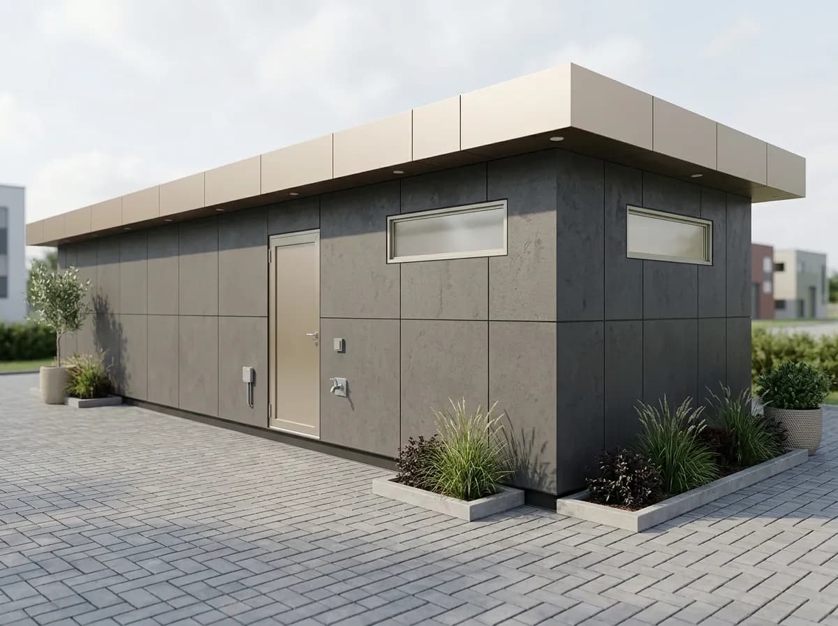 Design visualisation of a long PUF panel cabin seen from one corner, with dark grey textured wall panels under a beige roof fascia, one solid door, two narrow high windows and two wall-mounted service points, on a paved surface with planters