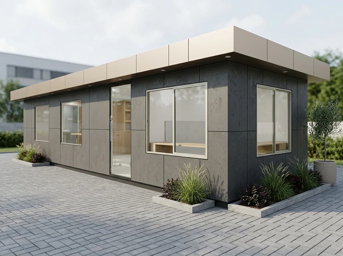 Design visualisation of a PUF panel cabin with dark grey textured wall panels and a beige roof fascia, fitted with a glass door and large sliding windows that show a furnished office inside, on a paved surface with planters