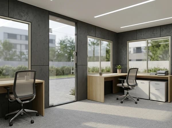 Design visualisation of a PUF panel cabin interior set up as an office, with dark grey wall panels, linear ceiling lights, a glass door, large windows, two desks with office chairs and filing cabinets