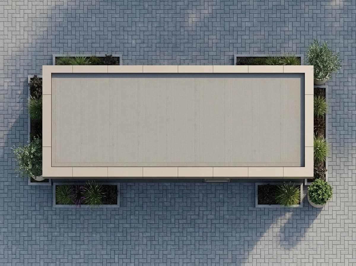 Design visualisation of a PUF panel cabin from directly above, showing its flat light grey roof inside a beige fascia, on a paved surface edged with planters